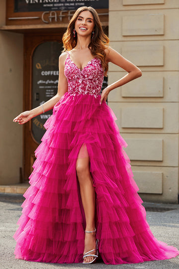Splendido A Line Spaghetti Straps Fucsia Abito Lungo Prom con Appliques Volant